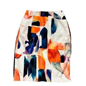 Ellen Tracy Pencil Skirt Women 8P Multicolor Abstract Watercolor Navy Blue Zip